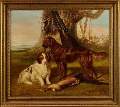 Lot 1030 - Walter Harrowing (c.1838-1913) oil on canvas - gun dogs and dead game, signed and dated 1884, in gilt frame