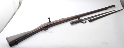 Lot 797 - French 1874 Pattern military Gras Rifle with working action, full walnut stock with cleaning rod and complete with Gras bayonet with scabbard (2)