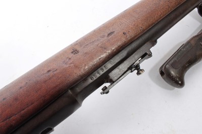 Lot 797 - French 1874 Pattern military Gras Rifle with working action, full walnut stock with cleaning rod and complete with Gras bayonet with scabbard (2)