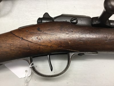 Lot 797 - French 1874 Pattern military Gras Rifle with working action, full walnut stock with cleaning rod and complete with Gras bayonet with scabbard (2)