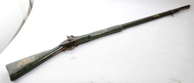 Lot 806 - 19th century Indian percussion trade musket with green painted stock decorated with tigers and deer 137cm