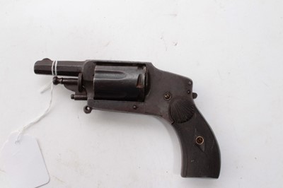 Lot 780 - Late 19th century French 16 mm ( obsolete calibre)  six shot pocket revolver with folding trigger and hooded hammer, shell decorated grips 15cm overall