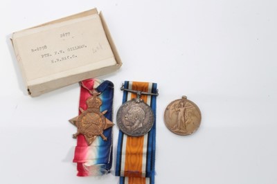 Lot 591 - First World War 1914 - 15 Star and War medals named to R-6758 PTE. F.W. Gillman. K. R. RIF. C. Together with a Victory medal (naming erased) all with named boxes of issue