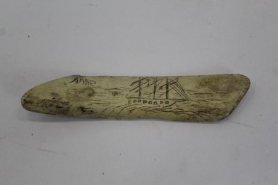 Lot 2058 - Antique Scrimshaw of a sailing ship inscribed Anne, on a fragment of marine ivory, 10cm in length