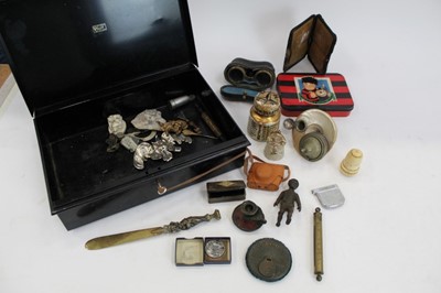 Lot 2060 - Vintage tin containing a quantity to various items to include a leather purse with silver mounts, pair of opera glasses in case, shell inkwell and sundries