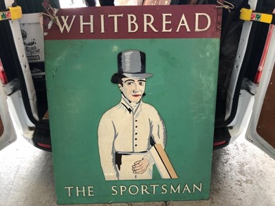 Lot 2069 - Large 20th century hand painted Whitbreads pub sign depicting a Cricketer 'The Sportsman'