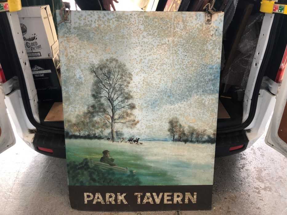 Lot 2073 - Large 20th century hand painted pub sign depicting a Hunt in park land- 'Park Tavern'