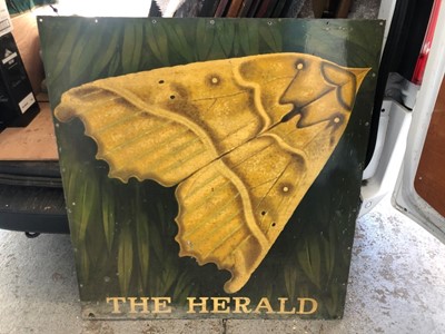 Lot 2074 - Large 20th century hand painted pub sign depicting a Moth 'The Herald'