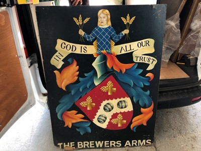 Lot 2076 - Large 20th century hand painted pub sign depicting a coat of arms- 'The Brewers Arms'