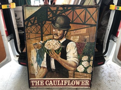 Lot 2081 - Large 20th century hand painted pub sign depicting a fruit and vegetable market- 'The Cauliflower'