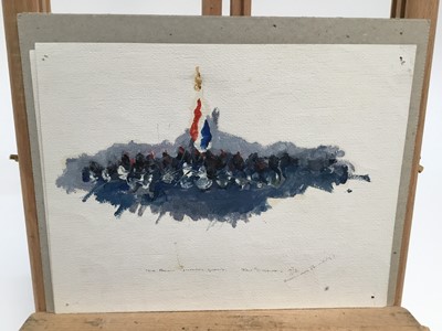 Lot 96 - Pair of 1970s English School oil sketches on paper - Scots Guards and The French Imperial Guards, indistinctly signed, titled  and dated 1972, unframed