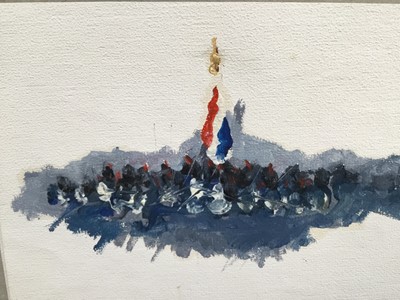 Lot 96 - Pair of 1970s English School oil sketches on paper - Scots Guards and The French Imperial Guards, indistinctly signed, titled  and dated 1972, unframed