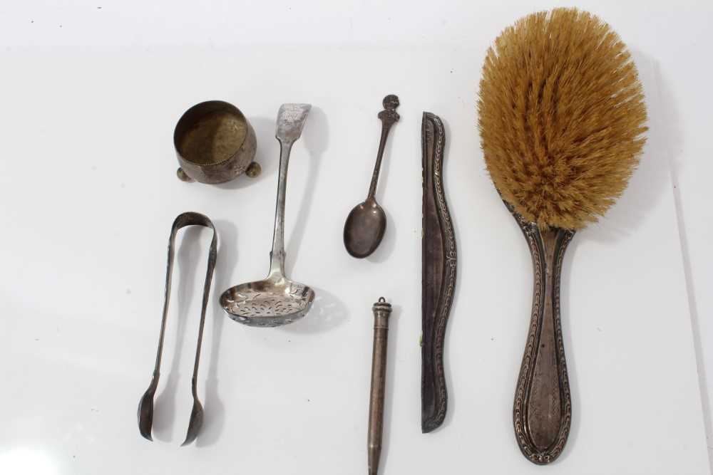 Lot 251 - Silver backed brush, comb mount, teaspoon and other plated ware