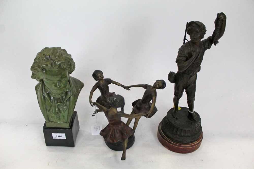 Lot 2104 - Painted pottery bust of Beethoven, a brass group of three girls dancing, and a spelter figure of a boy hunting