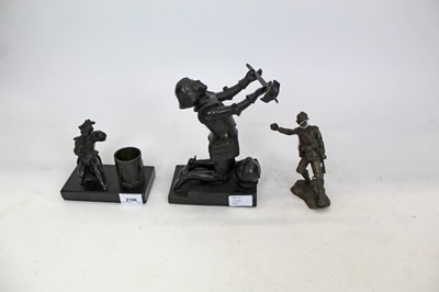 Lot 2106 - Bronze figure of a drummer on a marble base, a bronze figure of a knight, and a brass figure of a soldier throwing a grenade, the largest measuring 22cm height