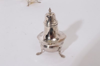 Lot 328 - George V silver cruet set of cauldron form, raised on three splayed paw feet, comprising two mustard pots, two pepperettes and two salt casters (Birmingham 1926), all at 8.5oz (8 pieces)