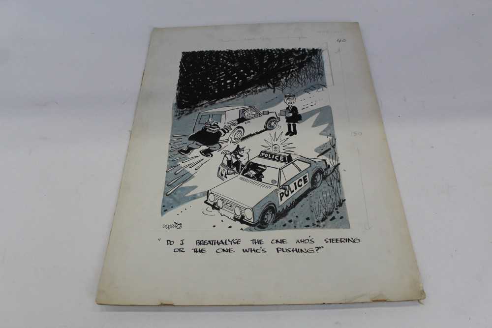 Lot 1237 - Keith Waite (1927-2014) original pen, ink and collage cartoon - "Do I breathalyse the one who's steering or the one who's pushing?", signed and titled