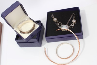 Lot 198 - Silver and copper torque necklace, two similar style silver bangles and silver iridescent panel necklace