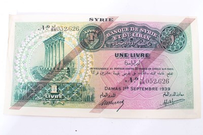 Lot 384 - Syria - Banque De Syrie et du Liban-one Livre Banknote, multicoloured, dated 1st September 1939 (N.B. two crease marks & centre-fold noted) otherwise AVF & scarce (1 banknote)