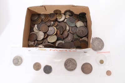 Lot 385 - World - Mixed coinage to include Roman Trajan AE Dupondis C.98-117 A.D. AF, Egypt Silver 50 Piastres 1956 (N.B. in circular silver mount) E.F. G.B. George V Silver Crown 1935 VF & other silver & ba...