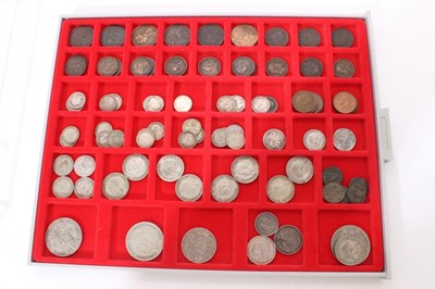 Lot 387 - G.B. A Lindner coin tray containing mixed silver, copper, bronze coinage, various denominations & grades noted and Ancient Roman AE oddments (qty)