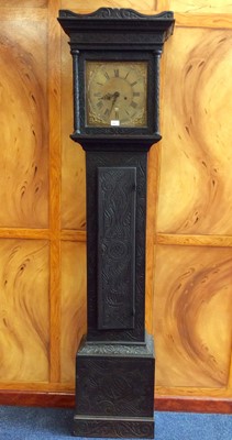 Lot 643 - 18th century and later carved oak longcase - Thame, two weights and pendulum