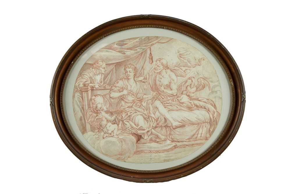 Lot 106 - 18th century Continental school, pen, ink and wash,  Classical scene, oval