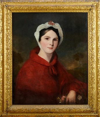 Lot 464 - English School, 18th century, manner of Romney, portrait of a lady in red cloak and white lace bonnet, in fine 18th century gilt frame, 66 x 59cm