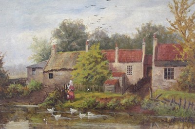 Lot 143 - 19th century oil on board, figure before a duck pond, bears signature (later added), 18 x 24cm.