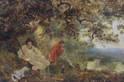Lot 142 - Manner of George Morland, oil on panel - Shepherds, 11 x 17cm.