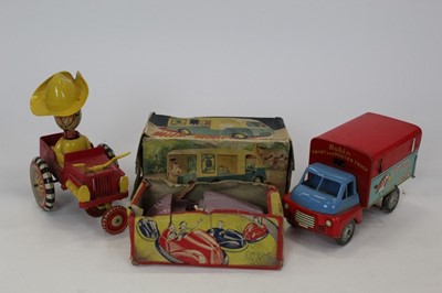 Lot 1504 - Timplate clockwork robin paint & poster truck, plastic clockwork dodgem car (part original box), friction drive milk float