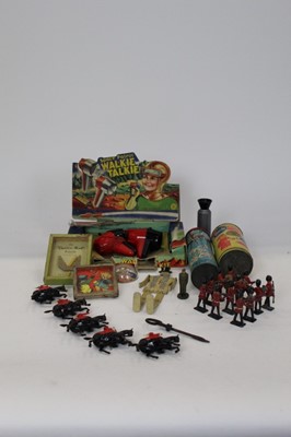 Lot 1505 - Space Patrol walkie talkie in original box, space man puzzle, articulated man in top hat, Britian's lead soldiers & other toys (qty)