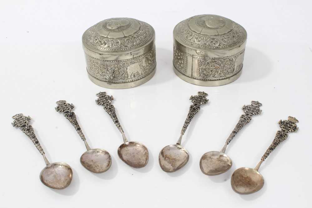 Lot 242 - Pair Indian white metal pots and covers and set six Continental silver teaspoons