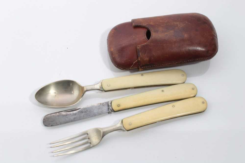 Lot 584 - Late 19th Century Officers' campaign cutlery set comprising folding steel knife, fork and combination spoon and corkscrew, in original fitted brown leather pouch