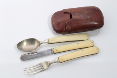 Lot 584 - Late 19th Century Officers' campaign cutlery set comprising folding steel knife, fork and combination spoon and corkscrew, in original fitted brown leather pouch