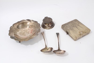 Lot 247 - Silver dish, silver inkwell, pair Georgian silver ladles and set of six sterling silver cockerel sticks