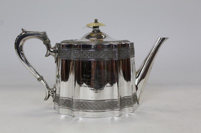 Lot 2177 - Local Colchester interest: silver plated teapot given by teachers of the Copford Wesleyan School in 1893