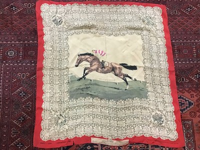 Lot 1820 - Equestrian Commemorative Silk Scarf Nimbus 1949 Epsom Winner. Plus three other scarves and a gilt metal dressing table set.