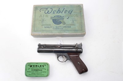 Lot 801 - Webley & Scott, Webley "Senior" .177 Air Pistol, with chequered Bakelite grips, metalwork retaining all original finish, serial no. S13969  in original box together with a tin of Webley .177 pellet...