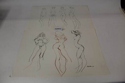 Lot 1138 - Folder of female nudes by Peter Collins (1923-2001), under the theme of 'Chelsea Birds' - approx 65 drawings, copies of original price list and private view details