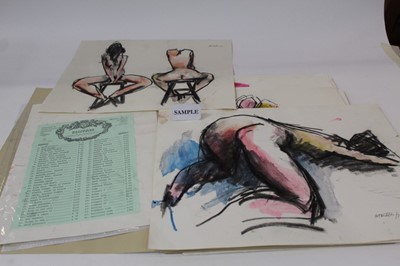 Lot 1139 - Two folders of fem,ale nudes by Peter Collins (1923-2001), under the theme of 'Chelsea Birds' - approx 30 drawings - featuring 'Girl in Bath', two girl poses, charcoal and wash studies, copies of o...