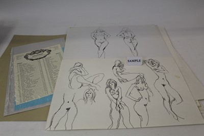 Lot 1140 - Two folders of female nudes by Peter Collins (1923-2001) under the theme of 'Chelsea Birds' - approx 52 drawings, copies of original price list and private view details