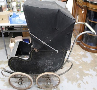 Lot 378 - Early 20th Century pram with wire wheels, black painted wooden body and canvas hood, by Hitchings of London