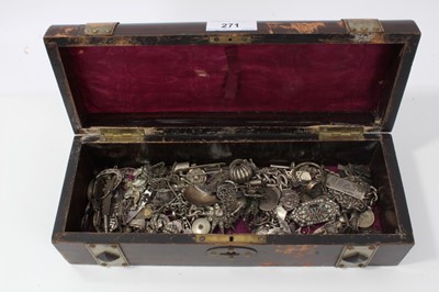 Lot 271 - Wooden box containing antique and later silver and white metal jewellery parts