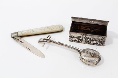 Lot 278 - Silver trinket box, silver and mother of pearl fruit knife and a white metal banjo