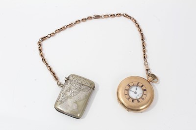 Lot 293 - J.W. Benson 9ct gold cased half hunter pocket watch on 9ct gold watch chain with silver plated vesta fob