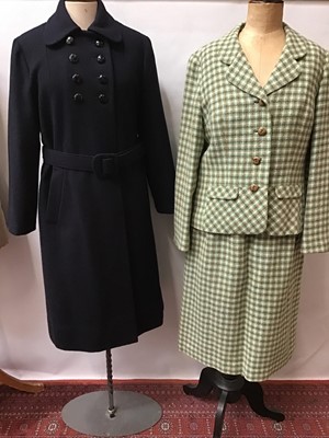 Lot 1832 - Ladies Vintage West Riding Tweed coats one  in blue and maroon the other blue and grey. Green and cream tweed suit and a navy wool belted coat.