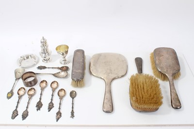 Lot 308 - Group of silver and silver plated ware to include silver backed hand mirror, napkin rings and sundries