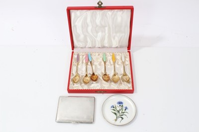 Lot 316 - Set of 6 Danish silver gilt and enamel coffee spoons in fitted box, marked Fricast, Danish silver and enamel pin dish and a Danish silver cigarette case