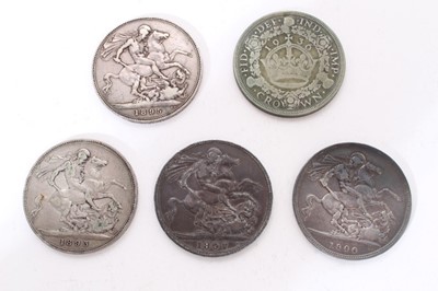 Lot 417 - G.B. - Mixed silver crowns to include Victoria O.H. 1893 LVI VG, 1895 LIX AF, 1897 LXI AF, 1900 LXIV F and Georgfe V 1930 fair (5 coins)